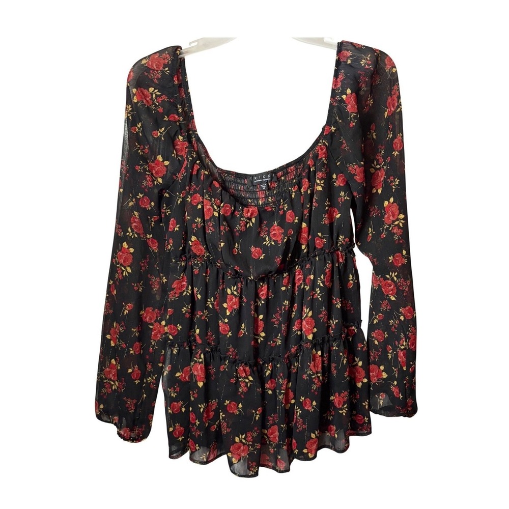 Trixxi Peplum Blouse Tunic Top M Black Red Floral Whimsigoth Romantic Witchy